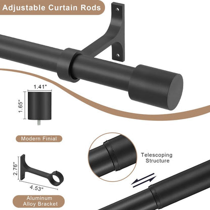 Matte Black Curtain Rods with Cap Finials, Single 144-164" Telescoping Heavy Duty 1-Inch Window Treatment Rods - color: Matte Black, size: 144-164"