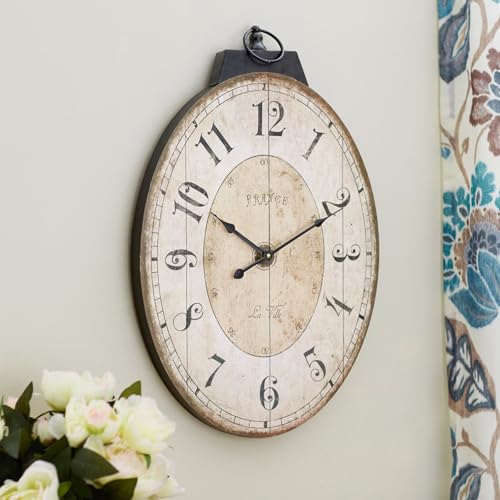 24" H x 18" W Large French Country Oval Wall Clock for Living Room Decor, Rustic Farmhouse Wall Clock Decorative, Solid Wood Frame with Iron Hanging Ring, Silent Non-Ticking Battery Operated - color: 24 Inch Oval Wall Clock