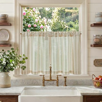 jinchan Linen Striped Tier Curtains for Kitchen Windows Farmhouse - color: Striped Green | on Beige, size: 26"W x 24"L (Pack of 2)