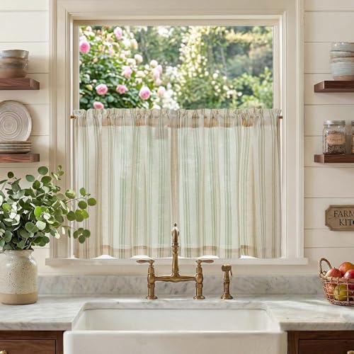 jinchan Linen Striped Tier Curtains for Kitchen Windows Farmhouse - color: Striped Green | on Beige, size: 26"W x 24"L (Pack of 2)