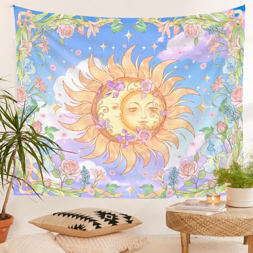 Jhdstore Sun Moon Wall Tapestry for Bedroom Aesthetic Refreshing Tapestry Wall Hanging Boho Chic Tapestries Room Decor Sun Moon Wall Decor Posters for Bedroom Wall Hanging 60”x80” - color: Blue Sun Moon, size: 80"L x 60"W
