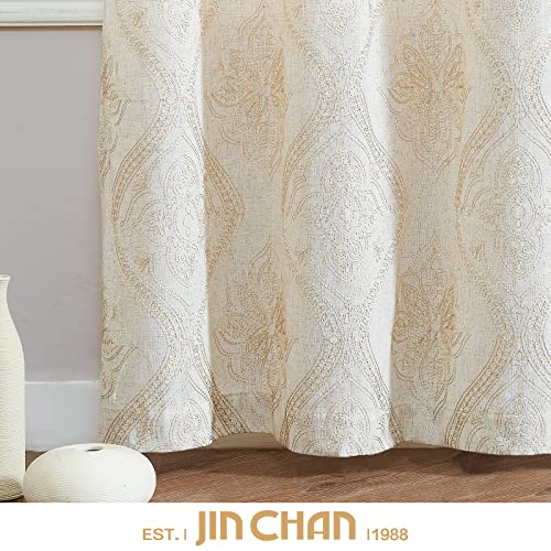 jinchan Boho Floral Linen Curtains 84 Inch Beige on Ecru Grommet 2 Panels - color: Damask Beige, size: 50"W x 84"L (Pack of 2)