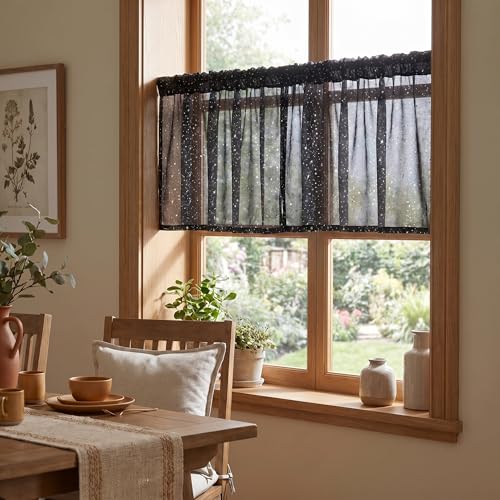 Horaldaily 2Pcs Black Sheer Valance 52x14in, Silver Sequin Star, Halloween - color: Black and Sliver, size: 52"W x 14"L (Pack of 2)
