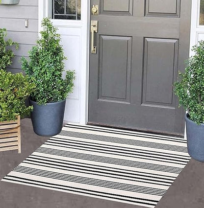 Black and White Striped Doormat 24"x35"Cotton Washable Fall Layering Rug - color: White Striped, size: 2' x 3' (Rectangular)