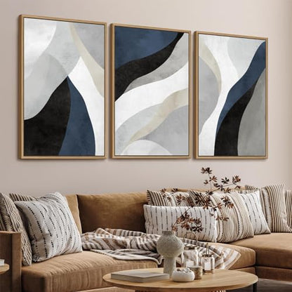 Large Abstract Framed Wall Art, Modern Blue Grey Canvas Pictures, 24"X36"X3 - color: Navy, size: 24" X 36" X 3pieces Framed