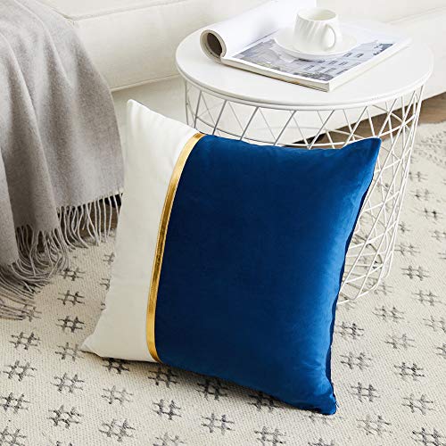 Fancy Homi 2 Packs Decorative Throw Pillow Covers 20x20 Inch for Living Room Couch Bed, Navy Blue and White Velvet Patchwork with Gold Leather, Luxury Modern Home Decor, Accent Cushion Case 50x50 cm - color: Navy Blue, size: 20" x 20" (Pack of 2)