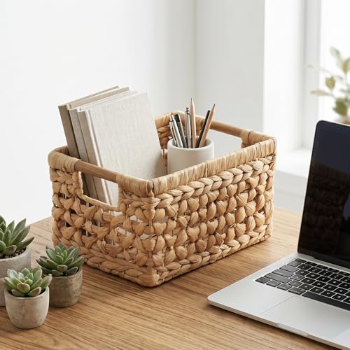 NAYA 11.6" Water Hyacinth Medium Wicker Shelf Basket – Storage Bin - size: 11.6"x8.9"x6.9" in