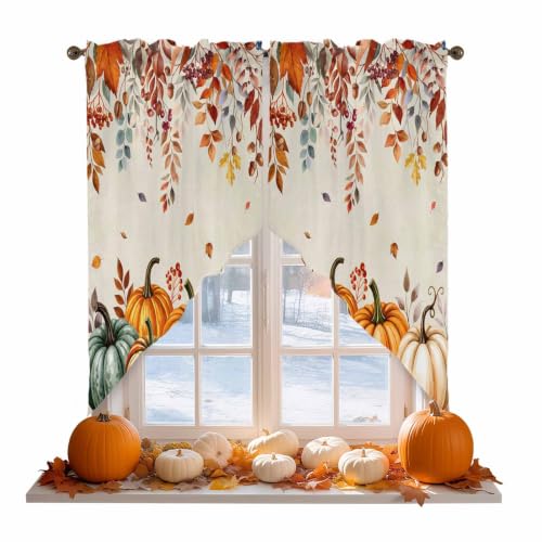 Thanksgiving Fall Swag Valances Kitchen Curtains 36 Inches Length,Vintage Orange Blue White Pumpkin Tier Drapes Swag Topper,Eucalyptus Maple Leaves Short Curtains for Small Windows 2 Panels 28"x36" - color: Orange Green Beige, size: 28"W x 36"L (Pack of 2