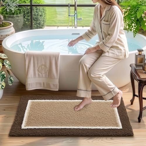 DEXI Bathroom Rugs 43x24, Soft Absorbent Bath Mat, Brown and Dark Beige - color: Brown and Dark Beige, size: 43" X 24" (Rectangular)