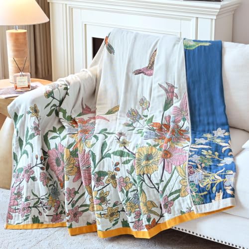 Boho Throw Blanket, 100% Soft Cotton Floral Quilt, Throw 50"x 60" - color: Plain Bird, size: Throw 50"x60"