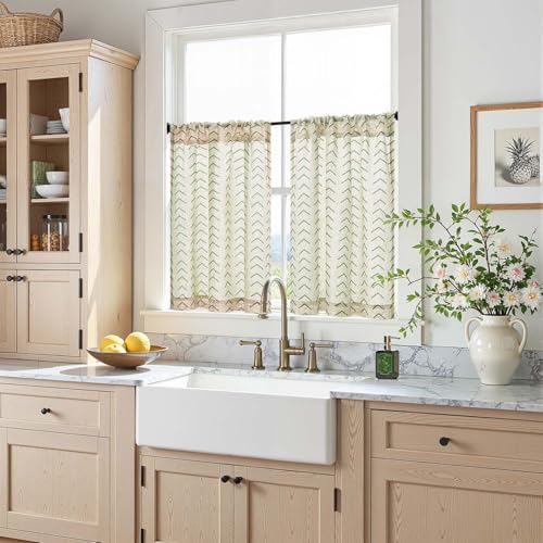jinchan Green Boho Linen Kitchen Tier Curtains 24 Inch Rod Pocket 2 Panels - color: Arrow | Green on Linen, size: 26"W x 24"L (Pack of 2)