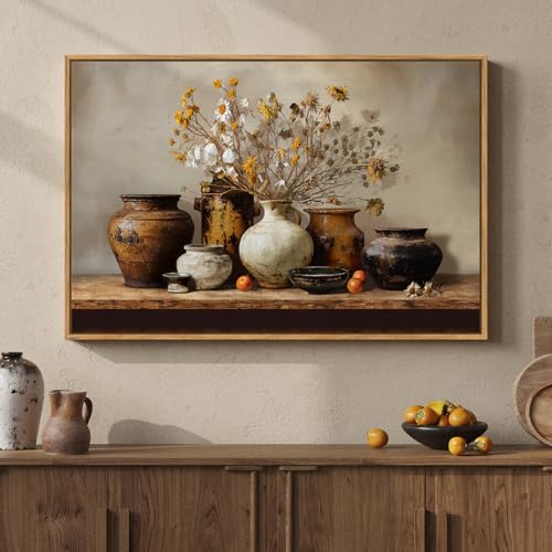 Framed Vintage Farmhouse Rustic Floral Pottery Kitchen Wall Art, 24x36 In - color: Brown & White B