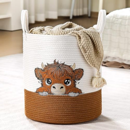 Honeydak Highland Cow Laundry Basket Brown Tall Cotton Rope Laundry Hamper - style: Highland Cow
