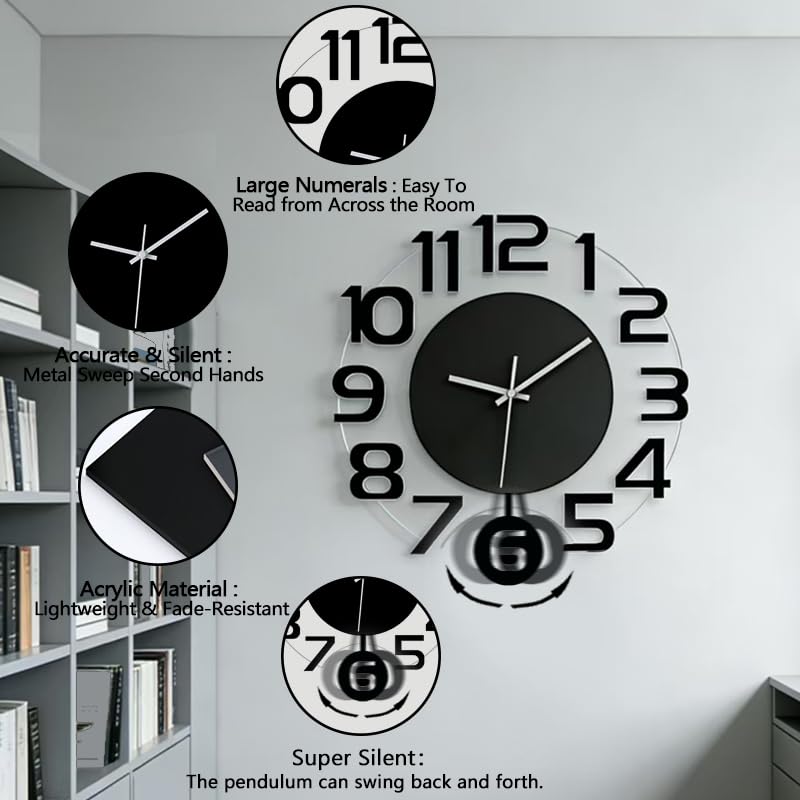 3D Numbers Modern Wall Clock with Pendulum, Silent Non-Ticking Battery Operated Decorative Wall Clock for Living Room Bedroom Kitchen Office