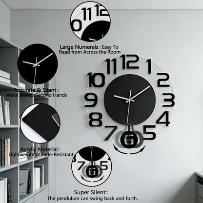 3D Numbers Modern Wall Clock with Pendulum, Silent Non-Ticking Battery Operated Decorative Wall Clock for Living Room Bedroom Kitchen Office