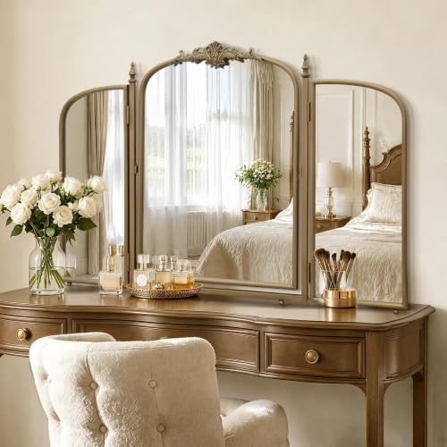 Besdomus Gold Vanity Trifold Mirror: 40"x28" Vintage Brass Three Way Mirror - color: Brass Gold, size: 28"L x 40"W