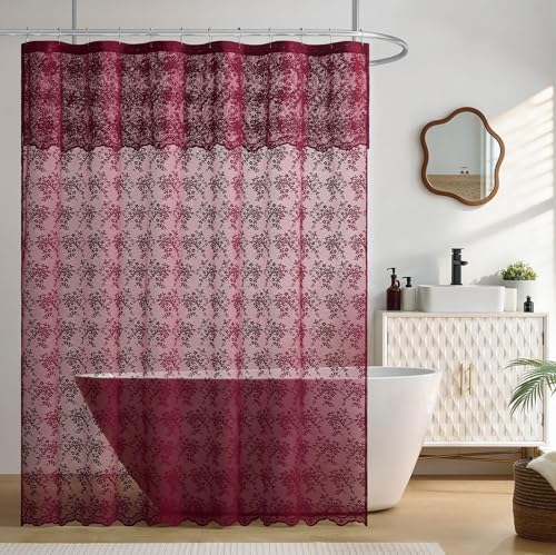 TUDECO Lace Burgundy Shower Curtain with Attached Valance, 72 x 72 Inch - color: Burgundy, size: 72"W x 72"L (Pack of 1)