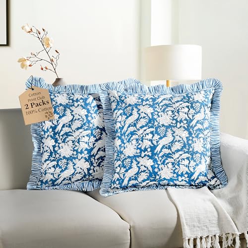 CPC Blue Sapphire Block Print Ruffle Pillow Cover 18x18 Inch, Pack of 2 - color: Blue Sapphire, size: 18" x 18" (Pack of 2)