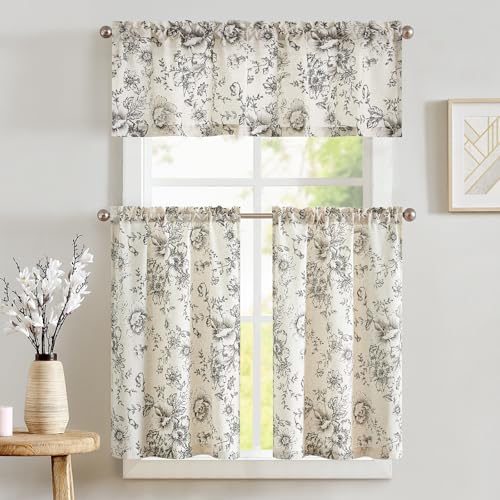 jinchan Black Floral Linen Kitchen Tier Curtains and Valance Set 3 Pieces - color: Alice | Black on Linen, size: 26"W x 36"L (Pack of 3)