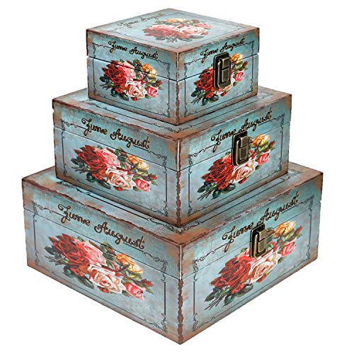 Jolitac Wood Storage Box Set of 3, Vintage Decorative Nesting Boxes Wooden Treasure Storage Crates With Latch, Home Decor Rustic Antique Boxes With Lid for Photos, Jewelry, Cash (Bloom) - color: Bloom
