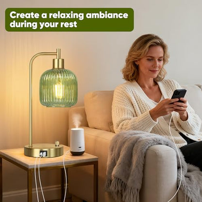 Green Glass Table Lamps Set of 2, Dimmable Bedside Lamps for Living Room - color: Gold&Green