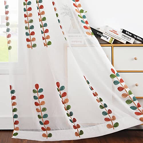 VOGOL Leaf Embroidered Sheer Curtains, 60 x 106, Grommet Top, 2 Panels - color: Matching Sheer, size: 60"W x 106"L (Pack of 2)