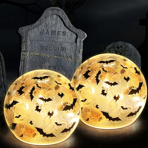 Rossesay 2 Pcs Halloween Glass Ball Lights 3.9 Inch Bat LED Globe Lights