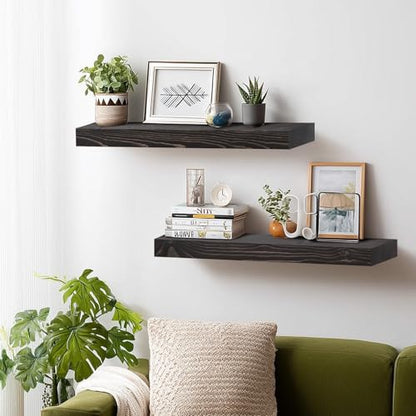 Solid Wood Floating Shelves, 24 Inch Wall Shelves, Set of 2, Black - color: Black, size: 24x8x1.6