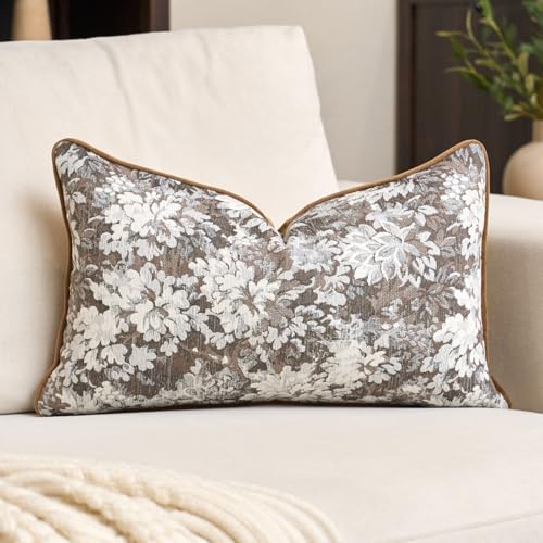 Alerfa Brown Neutral Floral Pillow Cover 12 x 20 Inch, Vintage Chenille Rectangle Couch Pillow Cover Soft Decorative Farmhouse Accent Pillowcase for Living Room Bedroom - color: Brown, size: 20" x 12" (Pack of 1)