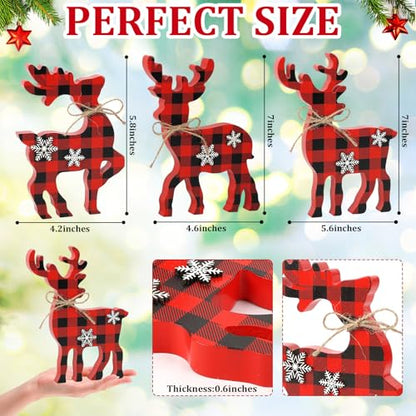 3Pcs Cute Christmas Tiered Tray Decor Indoor, Wooden Reindeer Christmas Tabletop Decorations Xmas Centerpiece, Rustic Reindeer Block Signs Standing Elk Decor for Home Shelf - style: Red and Black Buffalo Plaid