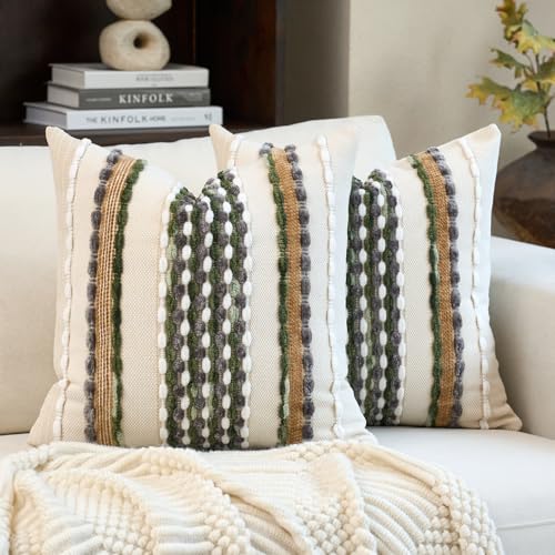 Aeckself Boho Pillow Covers 18x18 Inch Set of 2, Farmhouse Decorative Striped Square Chenille Tufted Accent Neutral Throw Pillow Covers for Living Room Couch Bed, Green - color: Green