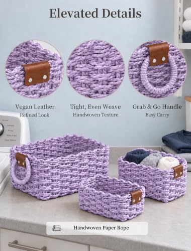 Small Wicker Baskets, 3 PCS Paper Rope Baskets for Shelves, Purple - color: Purple