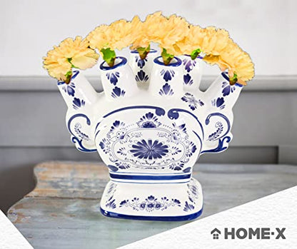 Home-X Ceramic Flower Vase – 6-Port Bud Ivory Vase – Unique Decorative Flower vase for Living Room, Bedroom, Kitchen, or Office (White & Blue)