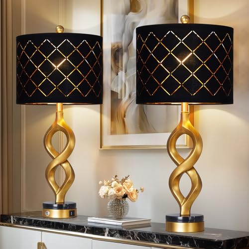 Cinyirong 30" Black and Gold Table Lamps Set of 2 for Bedroom, Modern Touch Control Bedside Lamps for Living Room, 3-Way Dimmable Sculptural Resin Nightstand Lamps with USB A+C Ports and 2 LED Bulbs - color: Black & Gold (2 Pack)