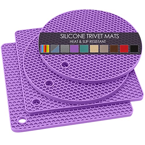 Silicone Silicone Trivet for Hot Dishes, 4 Pack Purple Heat Resistant Silicone Hot Pads Pot Holders for Kitchen Counter Non-Slip Trivets for Hot Pots and Pans, Small Dish Drying Mat & Spoon Rest - color: 01 Purple, size: 7x7in