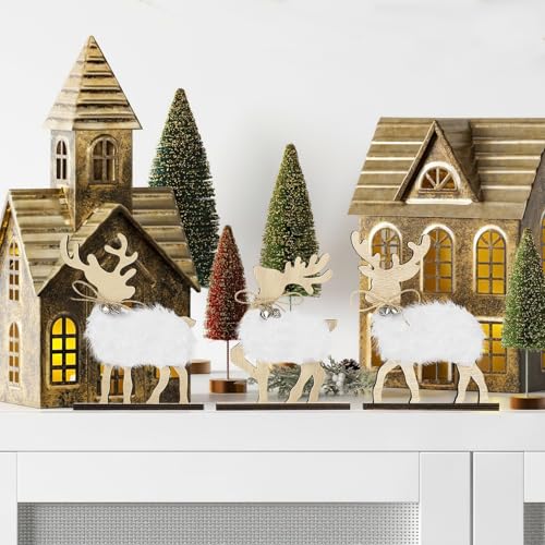 COCHIE Cute Christmas Tiered Tray Decor Indoor, Wooden Reindeer Christmas Tabletop Decorations and Xmas Tree Centerpiece, Reindeer Sign Standing Elk Decor for Home Party Decorations (Fur) - style: Fur