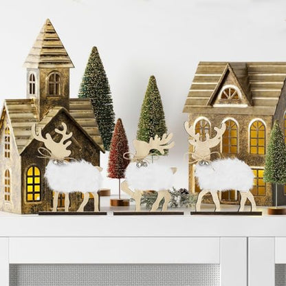 COCHIE Cute Christmas Tiered Tray Decor Indoor, Wooden Reindeer Christmas Tabletop Decorations and Xmas Tree Centerpiece, Reindeer Sign Standing Elk Decor for Home Party Decorations (Fur) - style: Fur