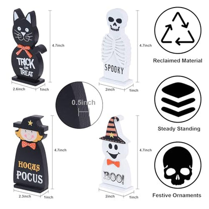 Halloween Decorations Indoor, DECSPAS 4 PCS Wood Blocks Halloween Table Decor, Ghost Black Cat Skull Witch Gothic Tabletop Ornaments, Hocus Pocus Decorations for Home, Tiered Tray, Shelf, Mantel - style: Halloween - Ghost, Cat, Skull, Witch