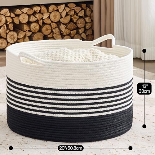 KAKAMAY Large Blanket Basket with Handles, Storage Basket for Living Room - color: Black Stripe