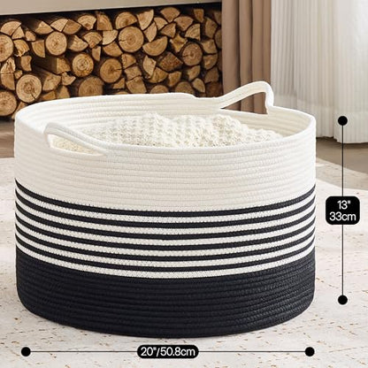 KAKAMAY Large Blanket Basket with Handles, Storage Basket for Living Room - color: Black Stripe