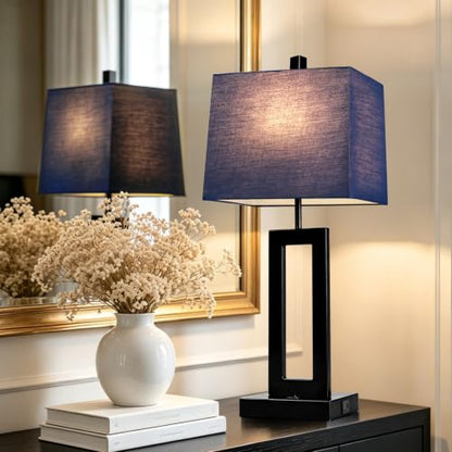 Cinkeda Blue Bedside Table Lamp Set of 2, Nightstand Lamps with USB Ports - color: E.Blue&Black