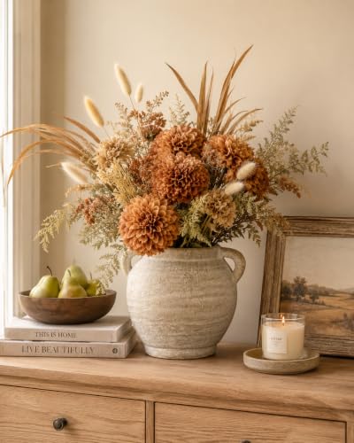 Briful Rustic Farmhouse Vase with Handles, 7.4" Ceramic Vases for Tabletop - color: Cream White#754