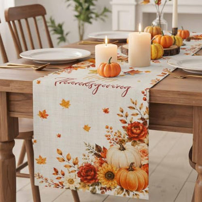 Fall Thanksgiving Table Runner 36 Inches Long,Orange Pumpkins Maple Leaf Flower Cotton Linen Table Runners Dresser Scarves,Farmhouse Fabric Tabletop Scarf Furniture Cover for Home Dinner Party 13"x36" - color: Cream, Terracotta, Dusty Rose, Autumn Orange,