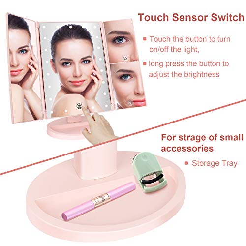 deweisn Tabletop Mount Tri-Fold Lighted Vanity Mirror with 21 LED Lights, Touch Screen and 3X/2X/1X Magnification, Two Power Supply Modes Make Up Mirror,Travel Mirror - color: Pink