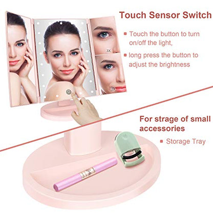 deweisn Tabletop Mount Tri-Fold Lighted Vanity Mirror with 21 LED Lights, Touch Screen and 3X/2X/1X Magnification, Two Power Supply Modes Make Up Mirror,Travel Mirror - color: Pink