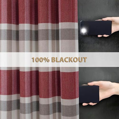 always4u 100% Blackout Plaid Curtains for Bedroom Living Room Woolen Look Black Tartan Grommet Thermal 2 Panels 45 * 63 Red Beige - color: Red Beige, size: 45"W x 63"L (Pack of 2)
