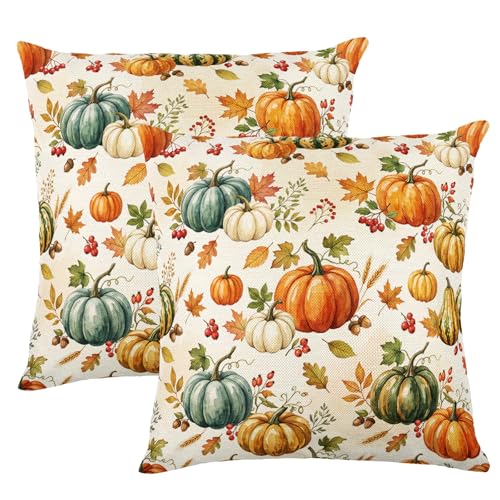 Assorted Pumpkin Seamless Pattern Throw Pillow Cover 18x18 Inch Set of 2, Fall Farmhouse Linen Thanksgiving Sofa Decor - color: Cream, Orange, Green
