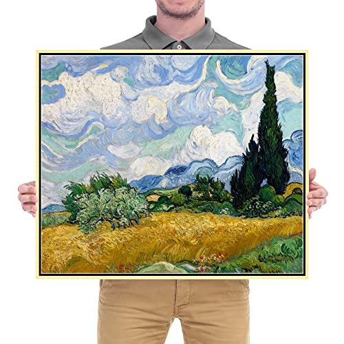 Wieco Art Framed Canvas Art Wheat Field with Cypresses by Van Gogh Impressionist Landscape oil Paintings Canvas Prints Artwork Wall Art for Living Room Home Office Decorations - size: 24"L x 20"W