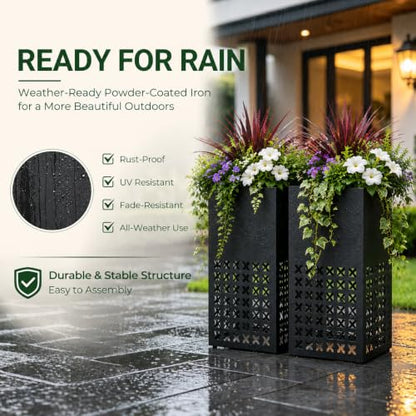 2 Pack Tall Outdoor Planters,14"Lx14'Wx30"H Metal Black Planter for Porch