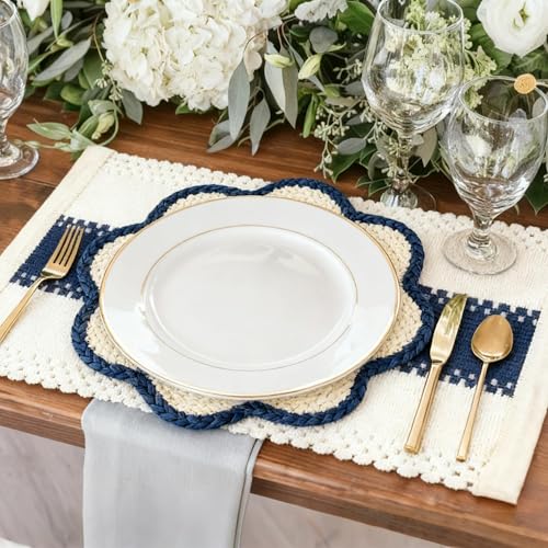 4pc Sunflower Rattan Placemat Set, Woven Boho Table Mats, Blue - color: Blue-set of 4